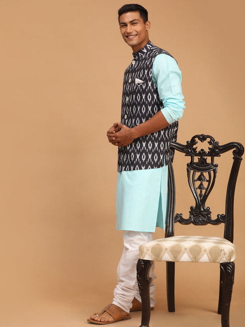 Vastramay Men's Black Ikkat Printed Cotton Nehru Jacket With Aqua Blue Kurta And White Pyjama Set